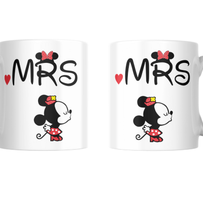 Duas canecas brancas com desenho da Minnie e texto MRS com coração vermelho.