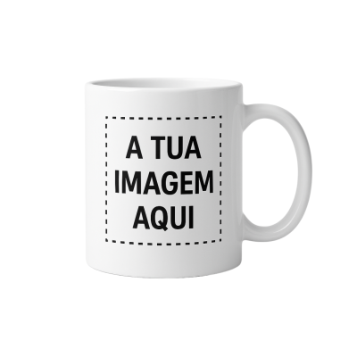 Caneca branca em cerâmica com texto A TUA IMAGEM AQUI