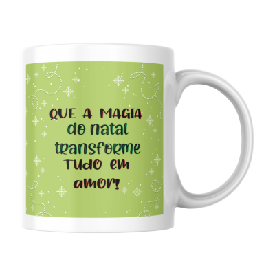 Caneca branca com mensagem de Natal em verde e texto colorido