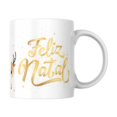 Caneca branca de Natal com texto dourado e ilustração de rena