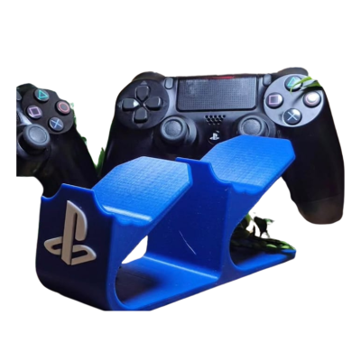 Suporte azul para comandos PlayStation com dois comandos pretos