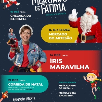 Cartaz do Mercado de Fátima com festa de Natal e eventos, incluindo Pai Natal e personagens infantis