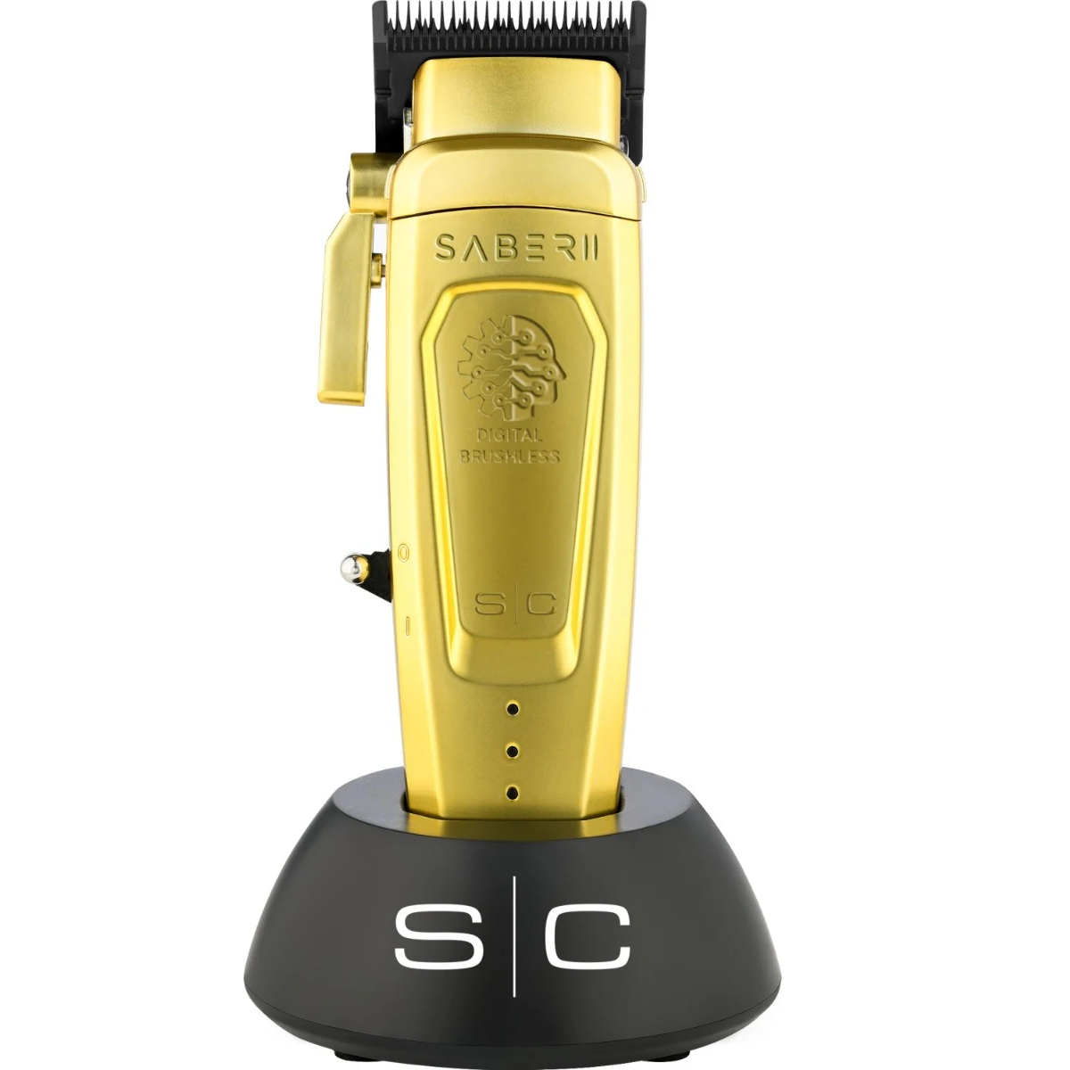 StyleCraft Máquina de Corte Saber 2.0 Gold Máquina de cortar cabelo dourada SABER II na base preta com texto S|C