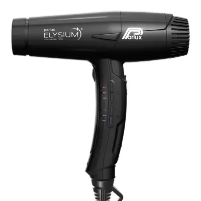 secador de cabelo preto Parlux ELYSIUM com texto e botões