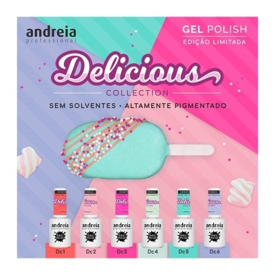 Embalagem colorida de gel polish Andreia Delicious Collection com 6 frascos e desenho de gelado azul com granulados