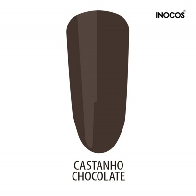Amostra de cor de verniz castanho chocolate brilhante com texto e marca INOCOS
