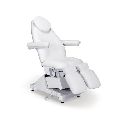 Cadeira de tratamento médica branca com encosto reclinável e apoio para pernas