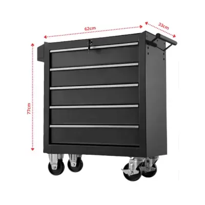 Carrinho de ferramentas preto em metal com rodas e cinco gavetas.