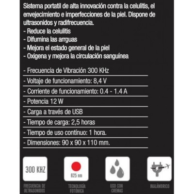 Texto com especificações técnicas e vantagens de um sistema portátil contra celulite