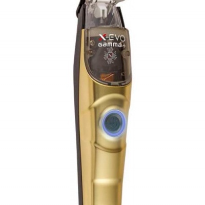 Aparelho de barbear elétrico dourado com botão azul iluminado e texto X-EVO Gamma+