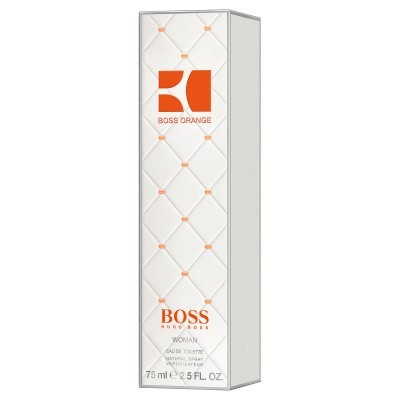 Embalagem branca de perfume BOSS ORANGE com padrão acolchoado e texto laranja e preto