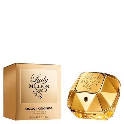 Frasco e caixa dourada do perfume Lady Million de Paco Rabanne