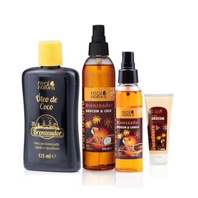 Produtos Real Natura para bronzeado incluindo óleo de coco, bronzeadores em spray e creme dourador em diversas embalagens.