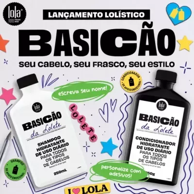 Produtos Basicão da Lolete em embalagens branca e preta com texto em português e gráficos coloridos