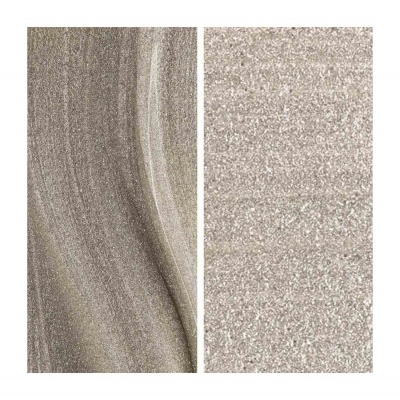 Duas amostras de revestimento ou azulejos com texturas e cores cinza e bege.