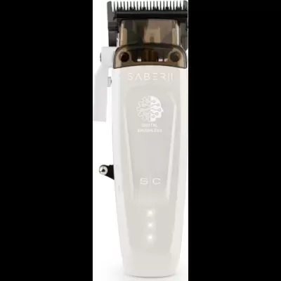 Máquina de cortar cabelo branca e preta com texto SABER II DIGITAL BRUSHLESS S C