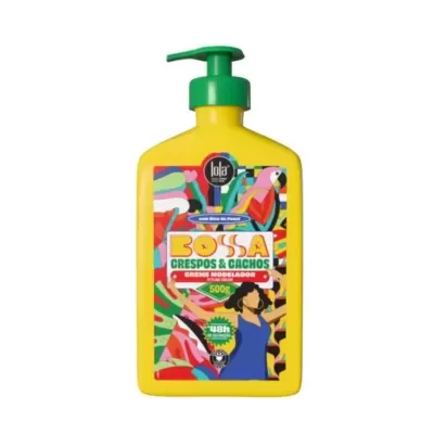 Frasco amarelo de creme para cabelo com tampa verde e rótulo colorido