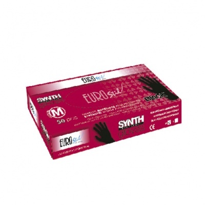 Caixa vermelha e branca de luvas sintéticas EUROsoft com texto e ilustrações de luvas pretas