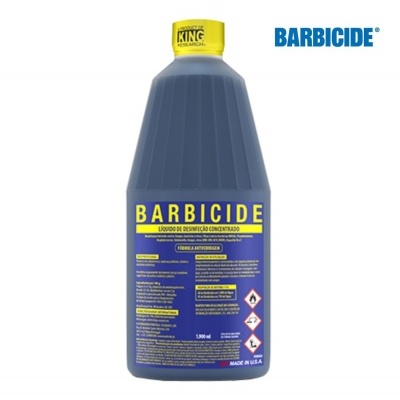 Frasco de líquido desinfetante concentrado BARBICIDE azul e amarelo