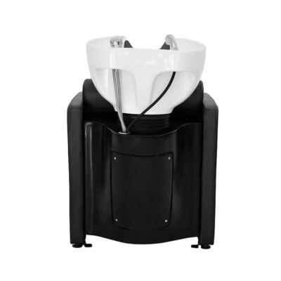 Cuba para lavagem de cabelo branca com base preta para cabeleireiro.