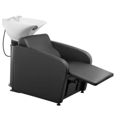 Cadeira de lavatório preta com cuba branca e torneira