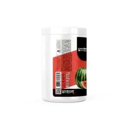 Frasco branco com rótulo vermelho e preto e imagem de melancia