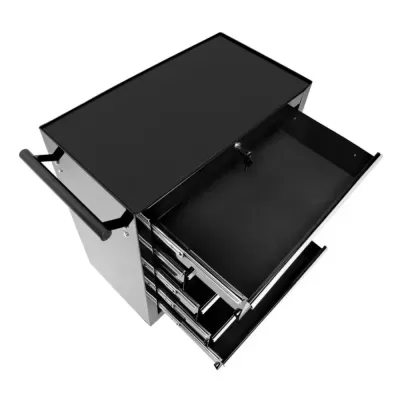 Carrinho de ferramentas metálico com gavetas e tampo preto.