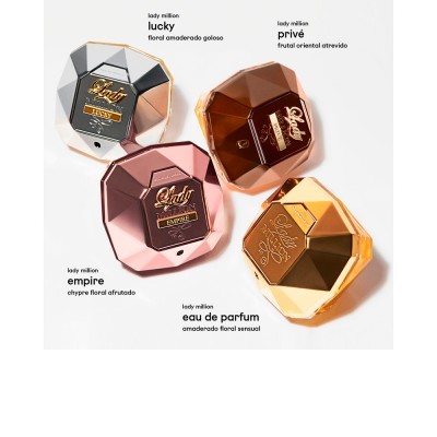 Quatro frascos de perfume Lady Million, formatos de diamante em cinza, castanho, rosa e dourado sobre fundo branco.