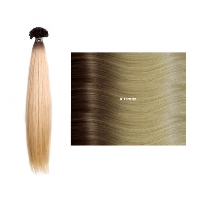 Extensão de cabelo loiro com raiz escura e amostra de textura com código R 10/DB2