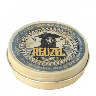 Lata metálica redonda com tampa decorada com imagem de pirata e texto REUZEL Beard Balm
