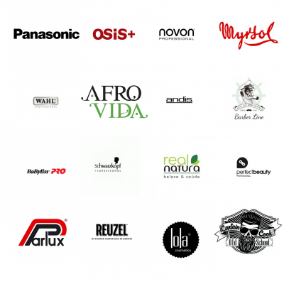 Logos de várias marcas de produtos de beleza e cabeleireiro dispostas em grelha.