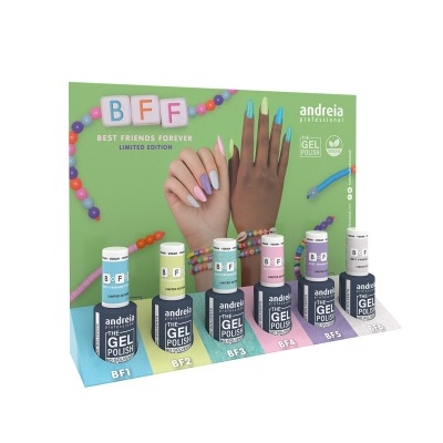 Expositor de vernizes Andreia The Gel Polish edição limitada Best Friends Forever com sete cores diferentes e imagem de mãos com unhas pintadas.