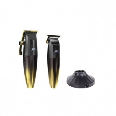 Máquinas de cortar cabelo e barba preto e dourado com suporte de carregamento