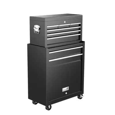 Carrinho de ferramentas preto com várias gavetas e rodízios