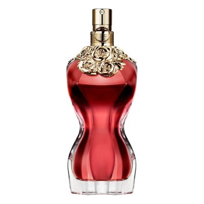 Frasco de perfume vermelho em forma de corpo feminino com detalhes dourados