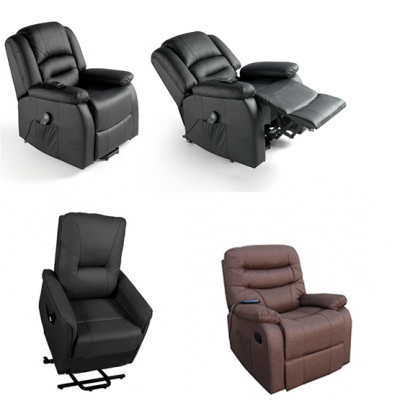 Quatro poltronas reclináveis em diferentes cores e materiais, com acolchoamento e mecanismos laterais