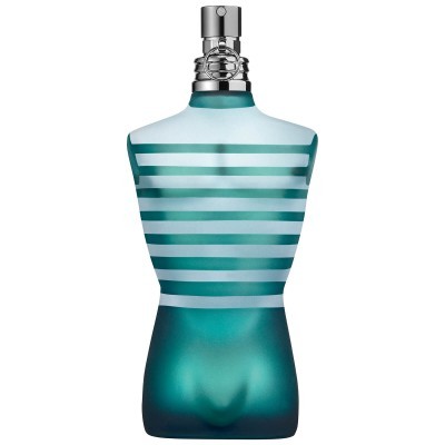 Frasco de perfume formato torso masculino com riscas horizontais