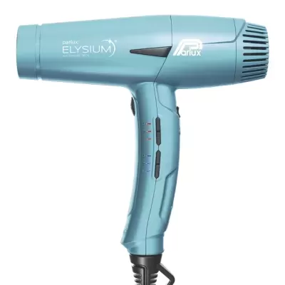 secador de cabelo azul claro Parlux ELYSIUM com botões pretos e grelha traseira
