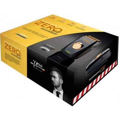 Caixa do Aparador ZERO Absolute preta e amarela com imagem do produto e fotografia de homem com barba