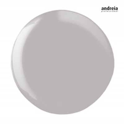 Amostra circular de verniz cinza brilhante com texto 'andreia professional'
