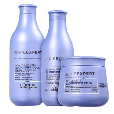 Três produtos de cabelo L'Oréal Serie Expert lilás em fundo branco