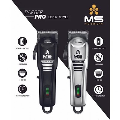 Dois cortadores de cabelo MS Professional Barber Pro, preto e prata, com indicadores de bateria e texto promocional