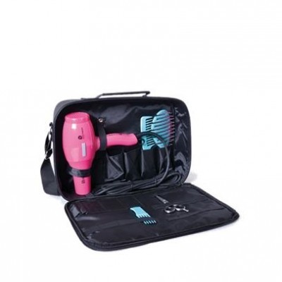 Kit de cabeleireiro com secador cor-de-rosa e acessórios num estojo preto