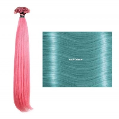 Extensão de cabelo rosa e amostra de cor azul celeste