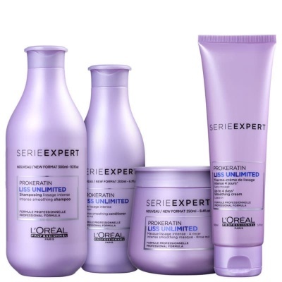 Produtos L'Oréal Série Expert Prokeratin Liss Unlimited em embalagens lilás