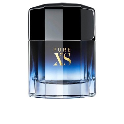 Frasco de perfume preto e azul com texto dourado Pure XS