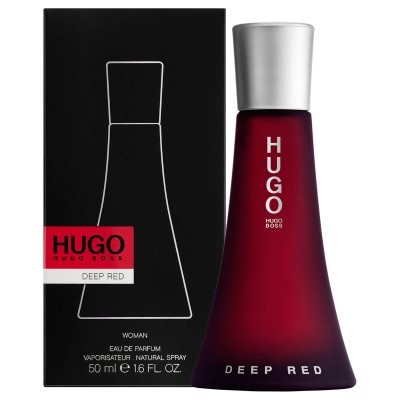 Frasco de perfume HUGO BOSS Deep Red vermelho fosco com tampa prateada e caixa preta