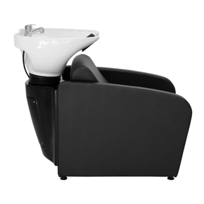 Cadeira de lavatório de cabeleireiro preta com lavatório cerâmico branco