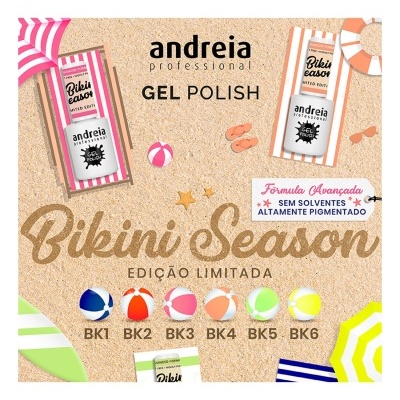 Gel polish Andreia Professional edição limitada Bikini Season com seis cores em fundo de areia