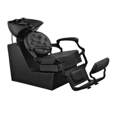 Cadeira de lavação de cabelo preta com assento estofado e apoio para pés